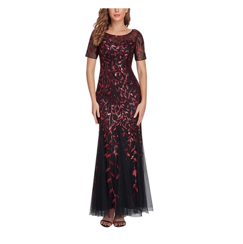 Women's O Neck Short Sleeve Elegant Gauze Sequins Evening Dress